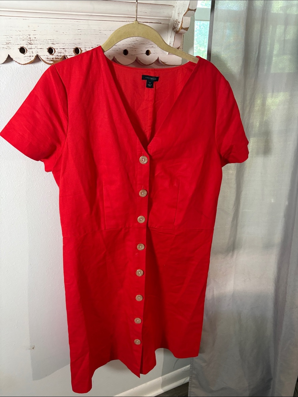Ann Taylor  linen cotton blend Button-Front Short Sleeve Dress